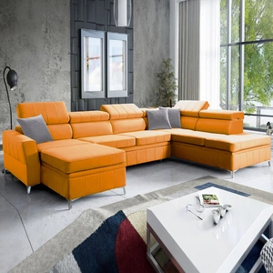 Narożnik z funkcją spania Rava VI żółty lewostronny praktyczny i nowoczesny narożnik wyposażony w wielofunkcyjną lampkę