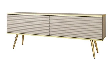Szafka RTV Luxury 135 cm beżowa elegancki design stylowy ryflowany front korpus zwieńczony złotą listwą złote metalowe nogi