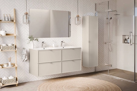 Szafka łazienkowa wisząca Bella 35 cm beżowa niewielka szafka do łazienki o nietuzinkowym charakterze możliwość wyboru koloru uchwytów