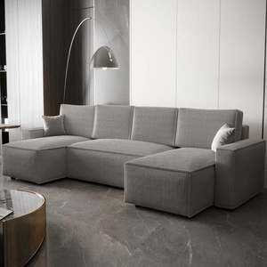 Narożnik z funkcją spania Nelo U jasny szary komfortowy i nowoczesny narożnik z pojemnikiem na pościel sztruksowa prążkowana tkanina