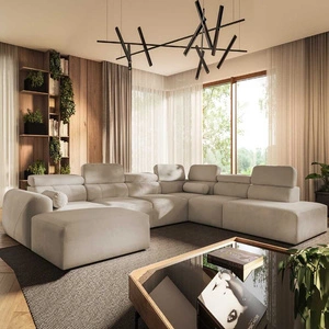 Narożnik z funkcją spania Cantare X beżowy lewostronny wygodny narożnik o niebanalnym designie doskonały do przestronnego salonu