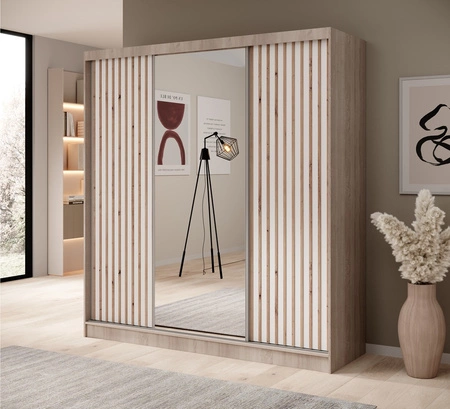 Szafa przesuwna z lustrem Ida 200 cm dąb sonoma jasny / biały stylowe lamele zdobiące drzwi szafy wnętrze wyposażone w pojemne szuflady