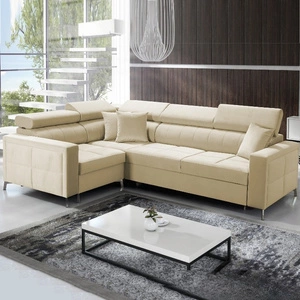 Narożnik z funkcją spania Nausa II beżowy lewostronny velvet dekoracyjne przeszycia na siedzisku narożnik z pojemnikiem na pościel