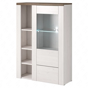 Witryna niska Larona 100 cm sibiu larche / sonoma truffel elegancka witryna do salonu prosta bryła idealna do każdego wnętrza elementy z bezpiecznego szkła hartowanego