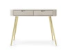 Konsola Zoya beżowa z szufladami stylowa oraz funkcjonalna toaletka zaoblony kształt bryły ryflowane fronty szuflad złote nogi