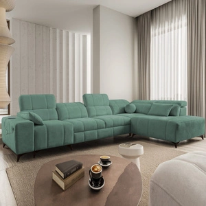 Narożnik z funkcją spania Penejos XI zielony prawostronny wygodny narożnik z regulowanymi zagłówkami i dwoma pojemnikami na pościel