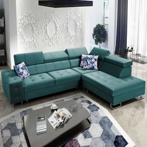 Narożnik z funkcją spania Hampton VII morski prawostronny narożnik do pokoju wykonany z aksamitnej tkaniny o gładkiej powierzchni