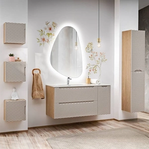 Zestaw mebli łazienkowych Ocean dąb olejowany / beżowy designerskie szafki łazienkowe oryginalne ryflowania w kształcie poziomych fal