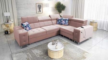 Narożnik z funkcją spania Hampton II kwarcowy róż prawostronny stylowy narożnik rozkładany miękka tkanina obiciowa typu velvet