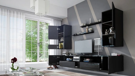 Meblościanka Parga czarna / czarny połysk uniwersalna meblościanka do salonu o lekkiej stylistyce idealnie wkomponuje się w każde wnętrze