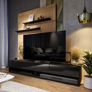 Szafka RTV Nea 180 cm czarna / czarny połysk z możliwością powieszenia i półkami stylowy design wpisujący się w każde wnętrze