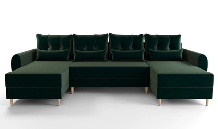 Narożnik z funkcją spania Rovigo U butelkowa zieleń elegancki i komfortowy narożnik w skandynawskiej formie duży pojemnik na pościel