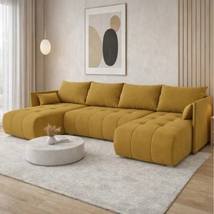 Narożnik z funkcją spania Selva U musztardowy ciekawie prezentujący się narożnik wykonany z komfortowej tkaniny typu plusz