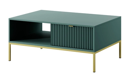Stolik kawowy Lovro pastelowy zielony z szufladami nowoczesny design blat odporny na rozlane ciecze złote metalowe nogi