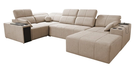 Narożnik z funkcją spania Tesalia IV beżowy prawostronny komfortowy narożnik do salonu z innowacyjną funkcją przesuwanego oparcia