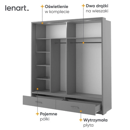 Szafa przesuwna z lustrem Arti 200 cm szara estetycznie wykonana szafa do sypialni wzbogacona oświetleniem LED pojemne szuflady