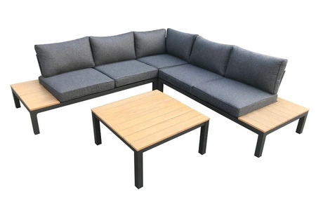 Zestaw mebli ogrodowych Massimo czarny stylowy design narożnik z poduszkami metalowa konstrukcja blat stolika wykończony polywood