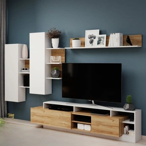 Meblościanka Elma biała / dąb grandson nowoczesny design obrzeża wykończone specjalną okleiną