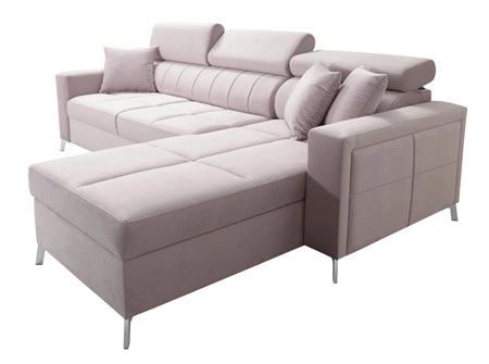 Narożnik z funkcją spania Nausa czarny prawostronny velvet stylowy komfortowy narożnik regulowane zagłówki pojemnik na pościel