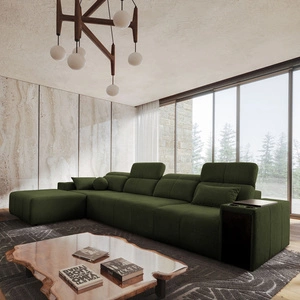 Narożnik z funkcją spania Tesalia XII zielony lewostronny nowoczesny design komfortowe przesuwane oparcie szuflada w boczku mebla