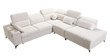 Narożnik z funkcją spania Penejos IX łososiowy prawostronny stylowy narożnik z pojemnikami na pościel wygodne regulowane zagłówki