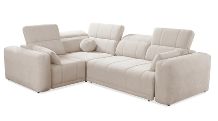 Narożnik z funkcją spania Cetara II szary popiel lewostronny stylowy design przesuwane oparcia regulowane zagłówki i pojemnik na pościel