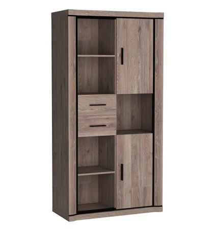 Regał Dallas 97 cm dąb truflowy / czarny elegancka stylistyka mebla wzbogacona o stylowe czarne dodatki ragał z szufladami i zamykanymi szafkami