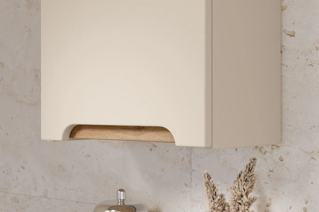 Zestaw mebli łazienkowych Bali beżowy / dąb wotan nowoczesne szafki do łazienki stylowe frezowane uchwyty stabilna podstawa