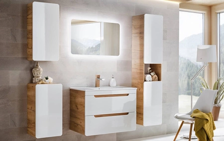 Zestaw mebli łazienkowych Aruba dąb craft złoty / biały połysk stylowe meble do łazienki o zaoblonym kształcie frezowane uchwyty