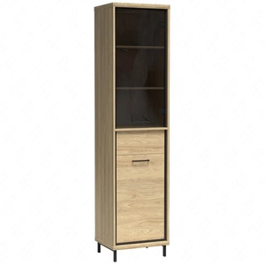 Witryna Mediolan Plus 49 cm hikora elegancka witryna wsparta na metalowych nogach bezpieczne szkło hartowane szuflada z systemem push to open