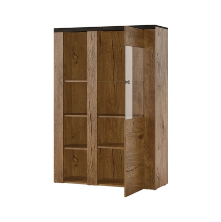 Witryna niska Larona 100 cm orzech satin / touchwood elegancka witryna do salonu prosta bryła idealna do każdego wnętrza elementy z bezpiecznego szkła hartowanego