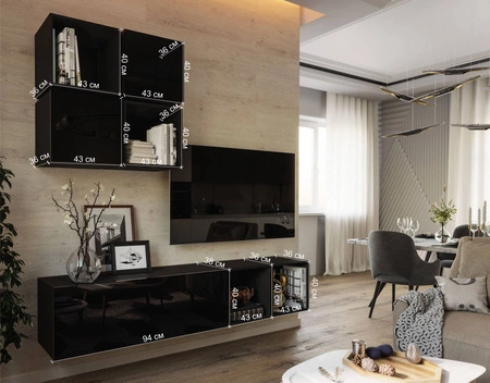 Meblościanka Perisa czarna / czarny połysk minimalistyczny design meblościanka do salonu lub pokoju dziennego system push to open