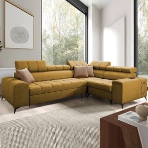 Narożnik z funkcją spania Bolmso II musztardowy prawostronny narożnik z pojemnikiem na pościel szuflada z pełnym wysuwem w boczku mebla