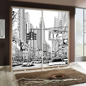 Szafa przesuwna Artistino 205 cm z grafiką miasto korpus szafy w kolorze dąb catania wykonany z płyty o grubości 22mm