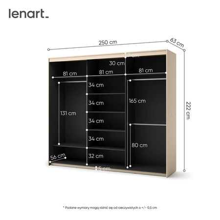Szafa przesuwna z lustrem Trend 250 cm beżowa wyjątkowy design pojemna szafa do sypialni z oświetleniem LED stylowe ryflowane fronty