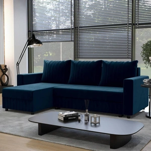 Narożnik z funkcją spania Pasco granatowy lewostronny klasyczny narożnik wpisujący się w każdą aranżację dekoracyjne przeszycia