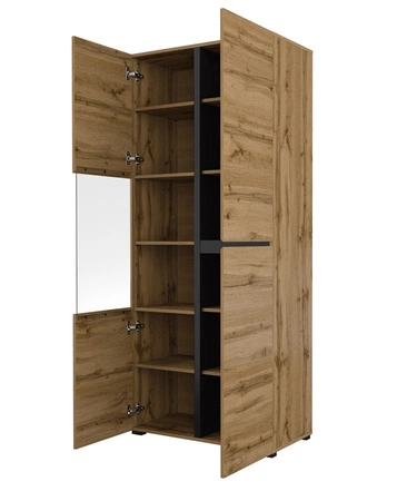 Witryna Cross 79 cm dąb wotan stylowa witryna do salonu o geometrycznym kształcie bezuchwytowe fronty nowoczesny design