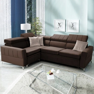 Narożnik z funkcją spania Rava II brązowy lewostronny velvet komfortowy narożnik z pojemnikiem na pościel wielofunkcyjna lampka