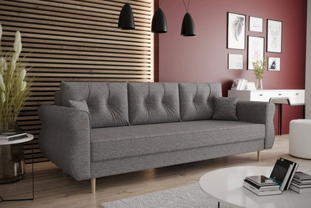 Sofa z funkcją spania Wilkins szary popiel elegancka sofa do salonu w stylu skandynawskim zaoblone boczki nadają charakteru