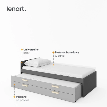 Łóżko Pok 90x200 cm grafit / szary funkcjonalne łóżko 2 osobowe wysuwane z szufladą doskonała propozycja do pokoju rodzeństwa