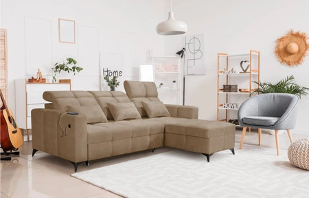Narożnik z funkcją spania Laredo ciemny beżowy prawostronny komfortowy i stylowy narożnik rozkładany z pojemnikiem na pościel