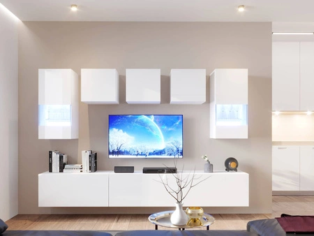 Meblościanka Kateri biała / biały połysk uniwersalna meblościanka do salonu o lekkiej stylistyce idealnie wkomponuje się w każde wnętrze