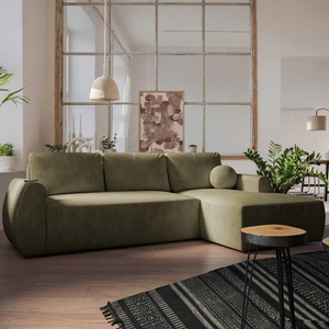 Narożnik z funkcją spania Colio oliwkowy prawostronny stylowy narożnik o ciekawym kształcie welurowa tkanina ozdobna poduszka piłka