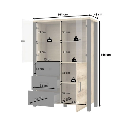Witryna niska Olin 101 cm appenzeller / czarny nowoczesny design czarne uchwyty witryna w stylu industrialnym szkło hartowane