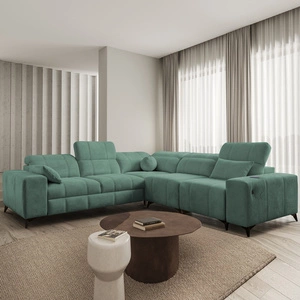 Narożnik z funkcją spania Penejos III zielony prawostronny niezwykle wygodny i komfortowy narożnik do salonu dwa pojemniki na pościel