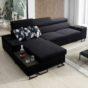 Narożnik z funkcją spania Flavio czarny lewostronny komfortowy elegancki narożnik z dostawką otwierany barek w boczku mebla