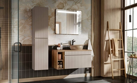 Szafka pod umywalkę Iconic 80 cm beżowa designerska szafka z gustownym pionowym ryflowaniem pojemna szuflada na akcesoria