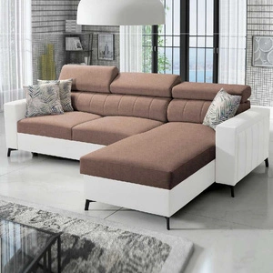 Narożnik z funkcją spania Savona jasny brąz / biały prawostronny elegancki narożnik z regulowanymi zagłówkami dekoracyjne przeszycia