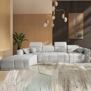 Narożnik z funkcją spania Cetara XII szary popiel lewostronny stylowy design komfortowe przesuwane oparcia dwa pojemniki na pościel