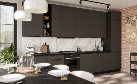 Zestaw mebli kuchennych Aversa Bl 390 cm stylowe szafki kuchenne z frontami wykonanymi w technologii anti fingerprint metalowe uchwyty